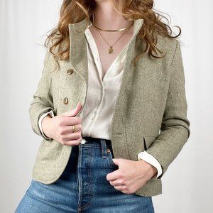 Vintage Aran Wool Tweed Knit Handmade Cropped Blazer Coat Jacket Rustic Academia